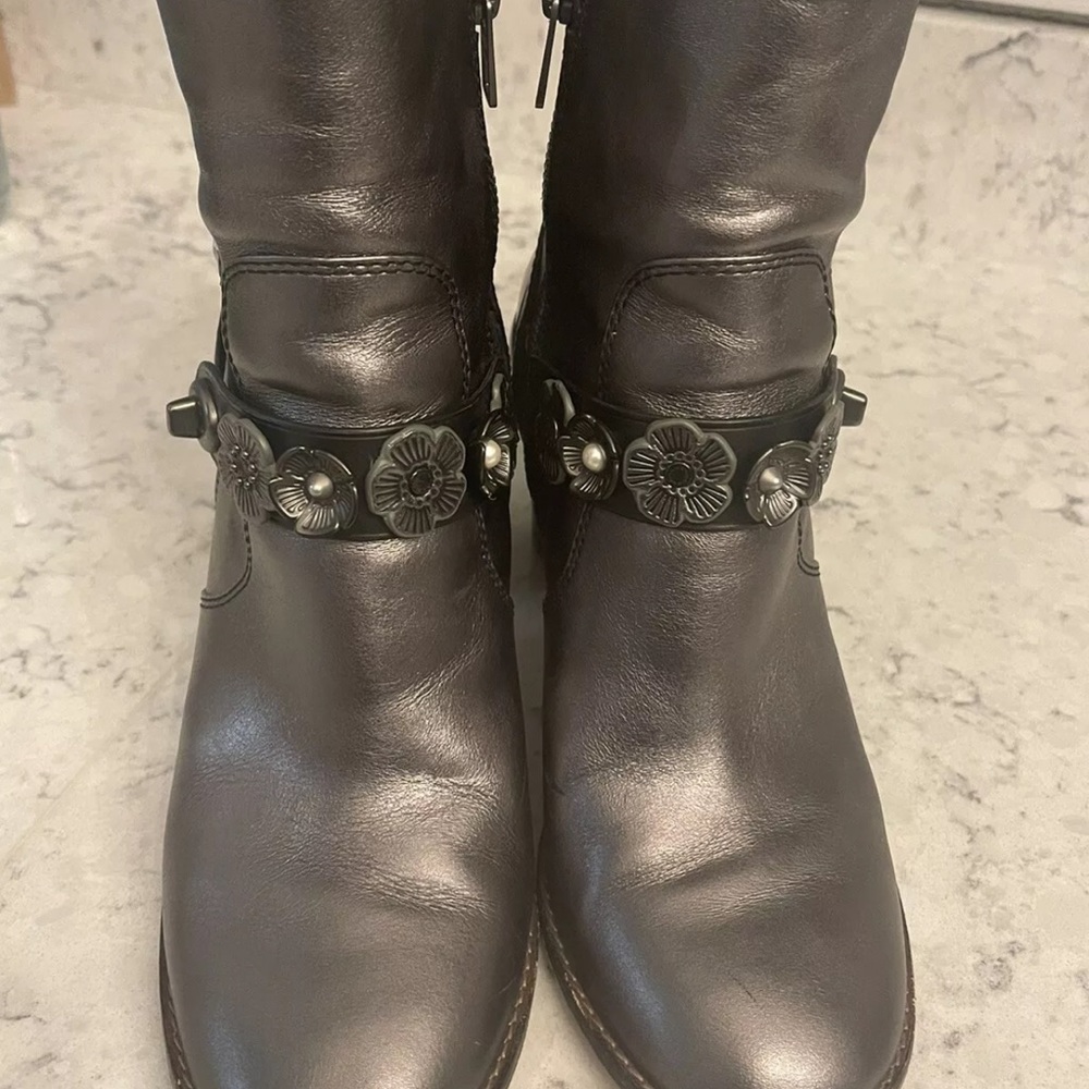 Coach silver Tea Rose booties ankle boots 8.5 8 1/2